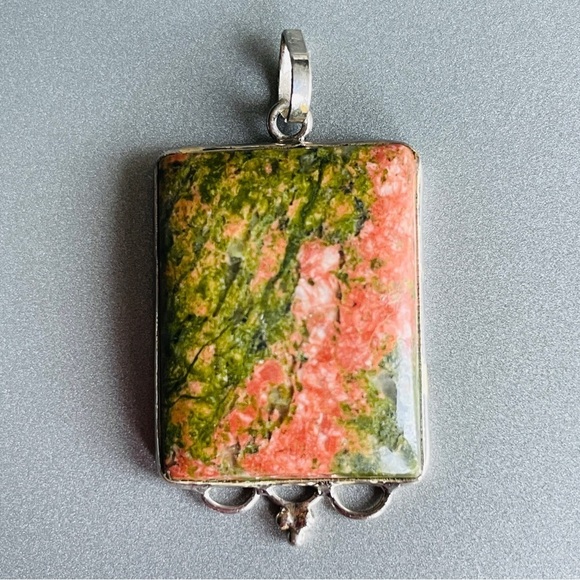 Jewelry - Green & Pink Unakite Jasper Rectangular Sterling Silver Vintage Pendant …